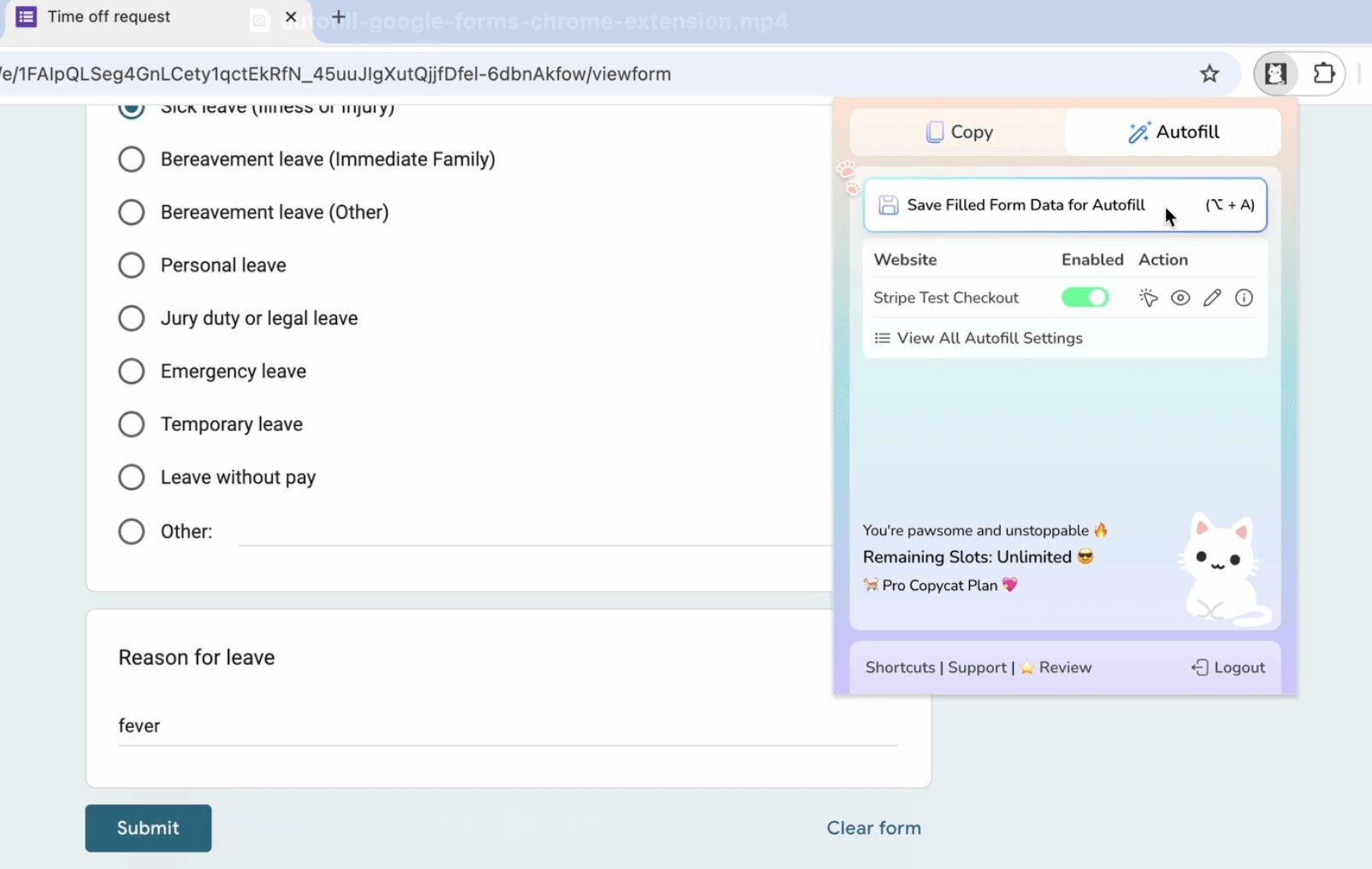 Click 'Save Filled Form Data for Autofill' button to save | MultiField CopyCat Form Autofill Extension